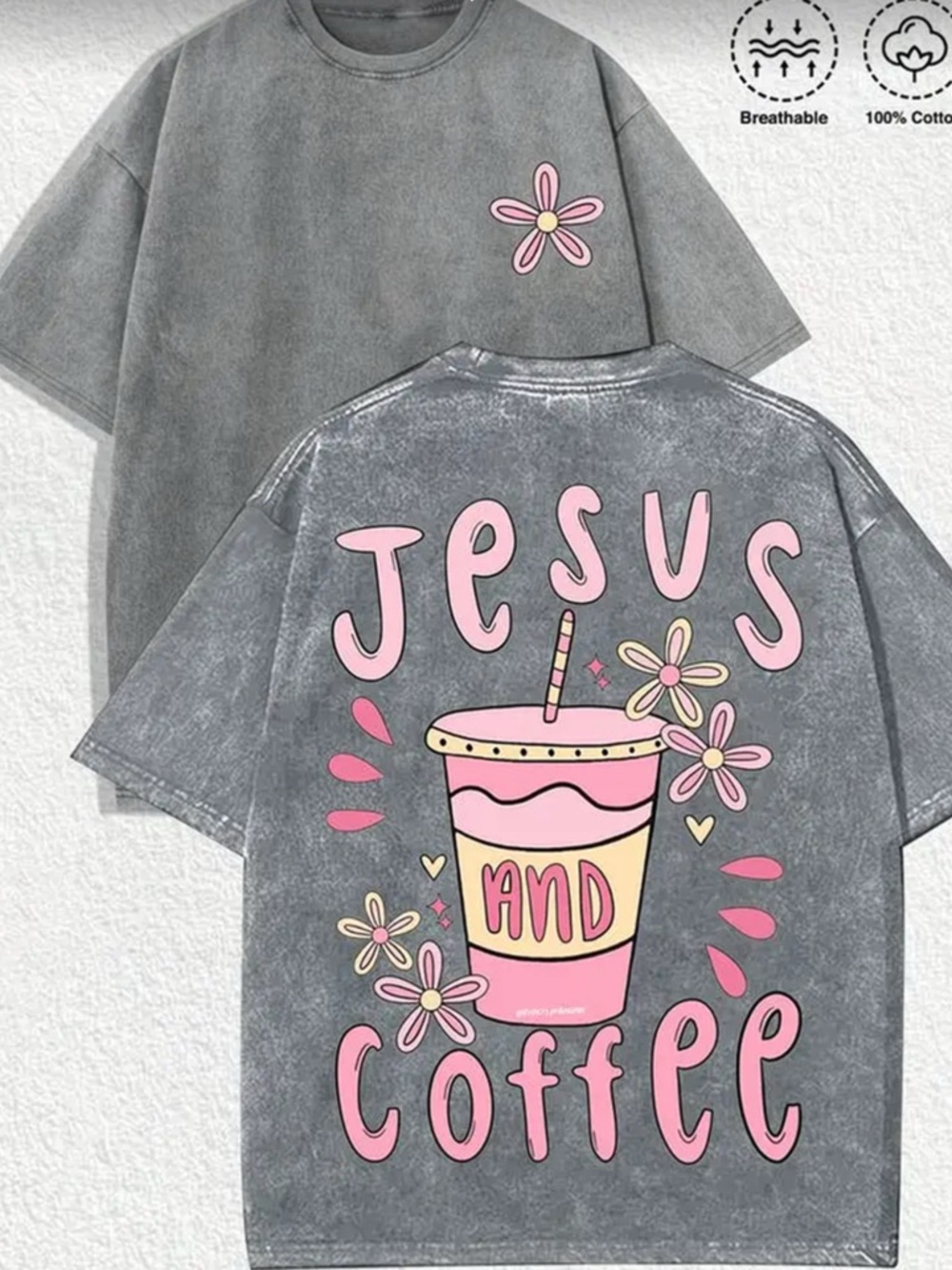 Woman’s'Jesus and Coffee' Graphic Tee - Pink on Washed Gray